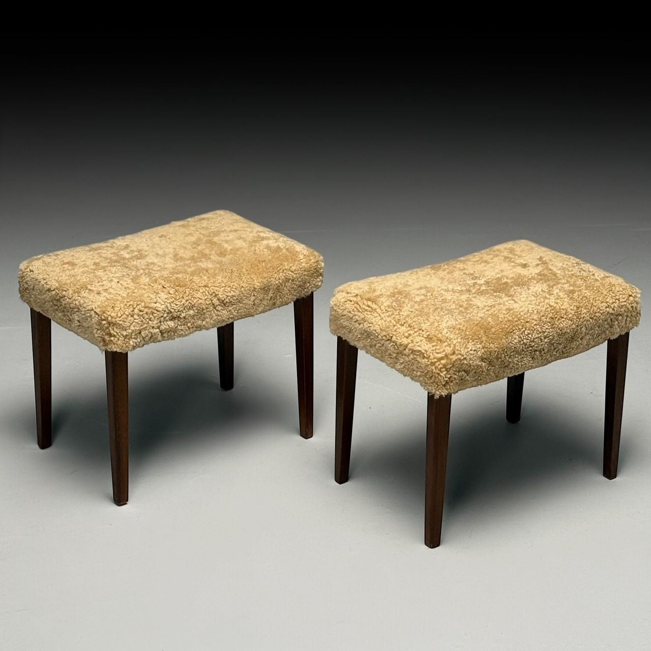 Danish Mid-Century Modern, Ottomans, Honey Shearling, Mahogany, Denmark, 1950s