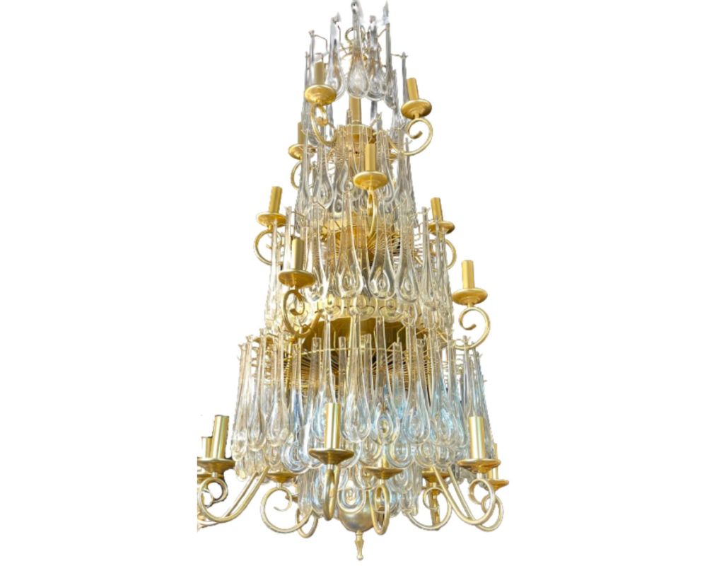 Hollywood Regency Gilt Bronze and Crystal Chandelier