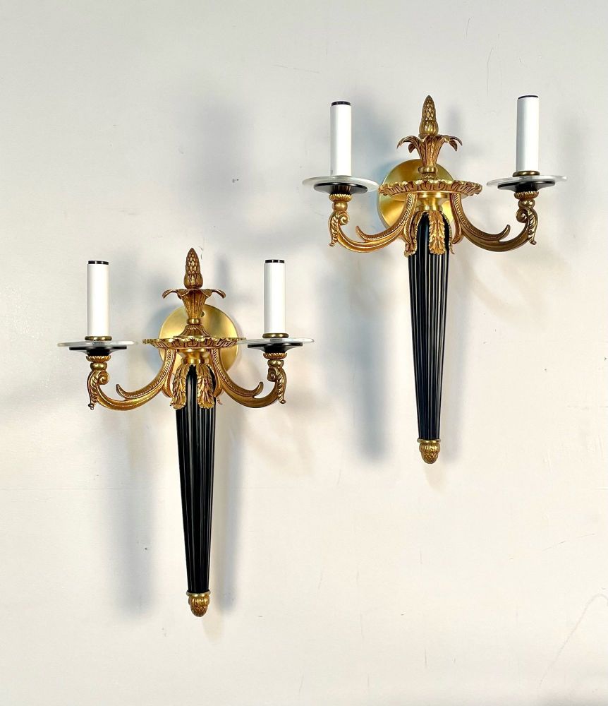 Pair Louis XVI Style French Sconces / Wall Lights, Ebony, Bronze, Maison Bagues