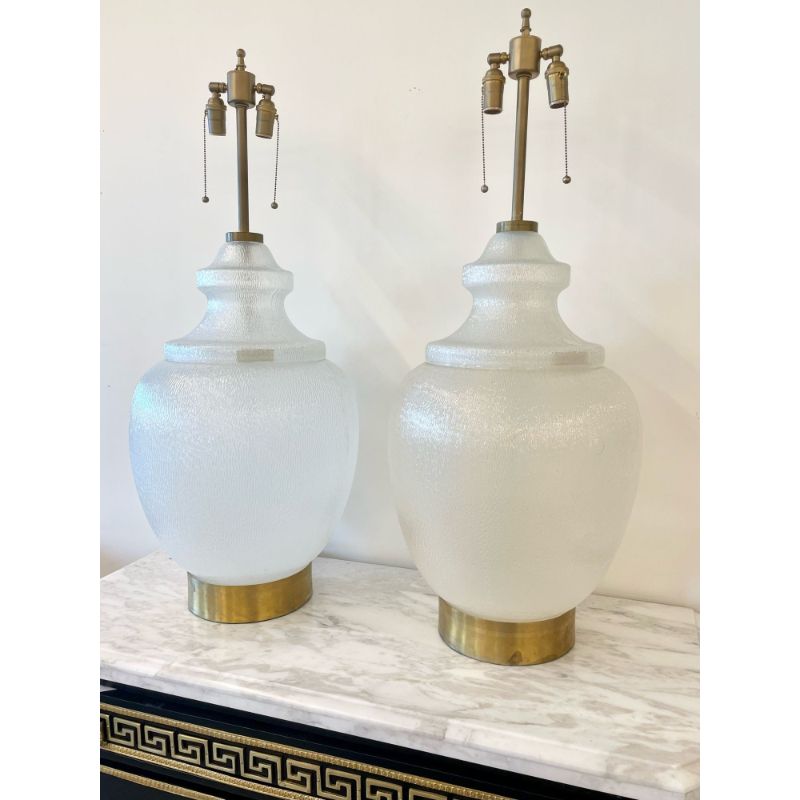 Pair Large White Mid-Century Modern Table Lamps, Textured Art Glass, Brass 1960s