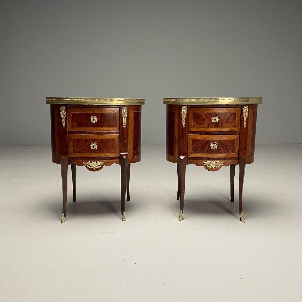 French Louis XV, Side Tables, Marquetry, Marble, Brass, France, 1930s