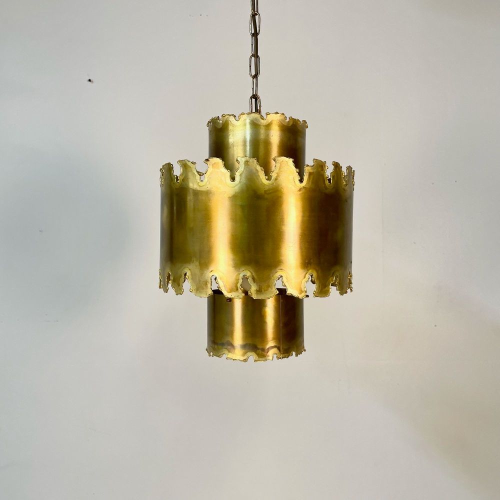 Mid-Century Modern Brutalist Chandelier / Pendant by Tom Greene, Patinated Brass