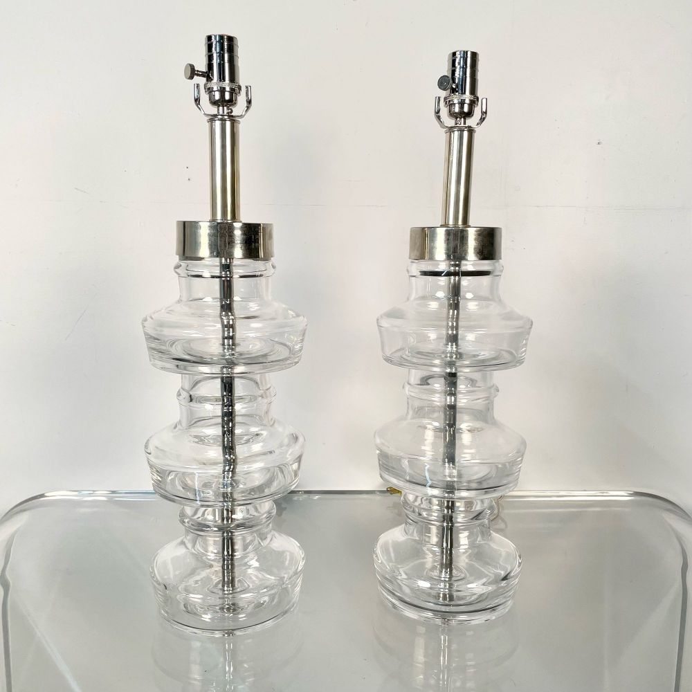 Pair Swedish Mid-Century Modern Translucent Clear Glass Table or Desk Lamps