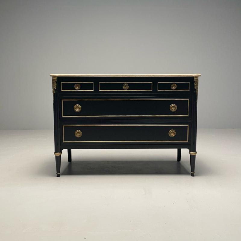 Hollywood Regency Maison Jansen Stamped Ebony Chest / Commode, Marble Top