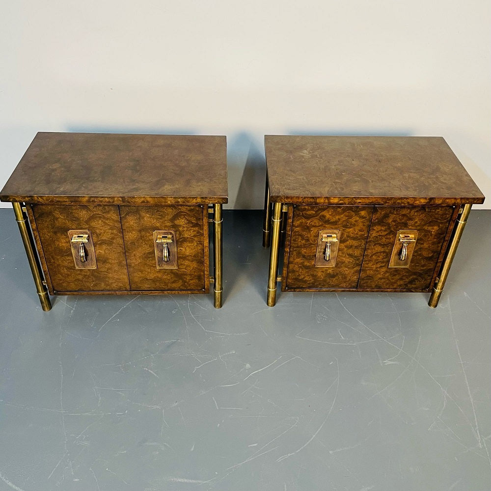 Pair Mid-Century Modern Mastercraft Nightstands, Floating Cabinets in Elm, Brass