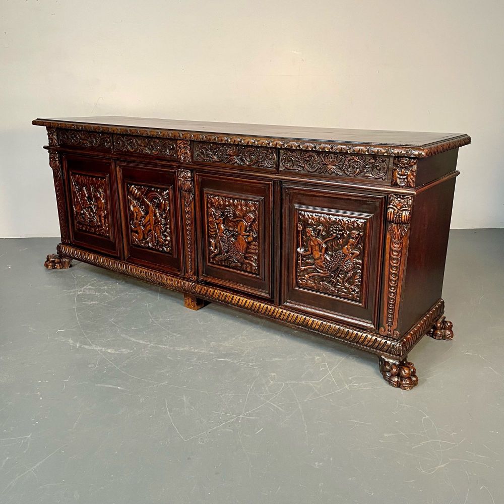 Monumental Renaissance Revival Sideboard, Heavily Carved, Mahogany, Branded