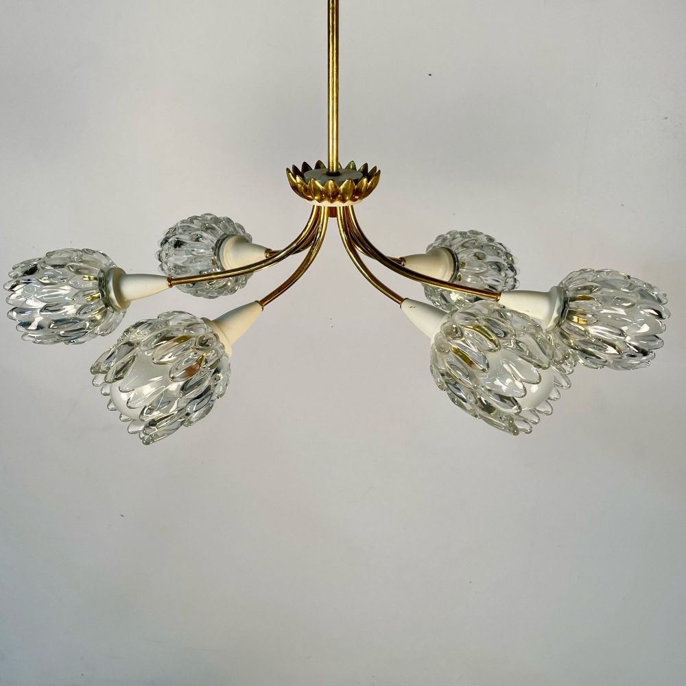 Italian Mid-Century Modern Six Light Brass Pendant / Chandelier, Textured Glass