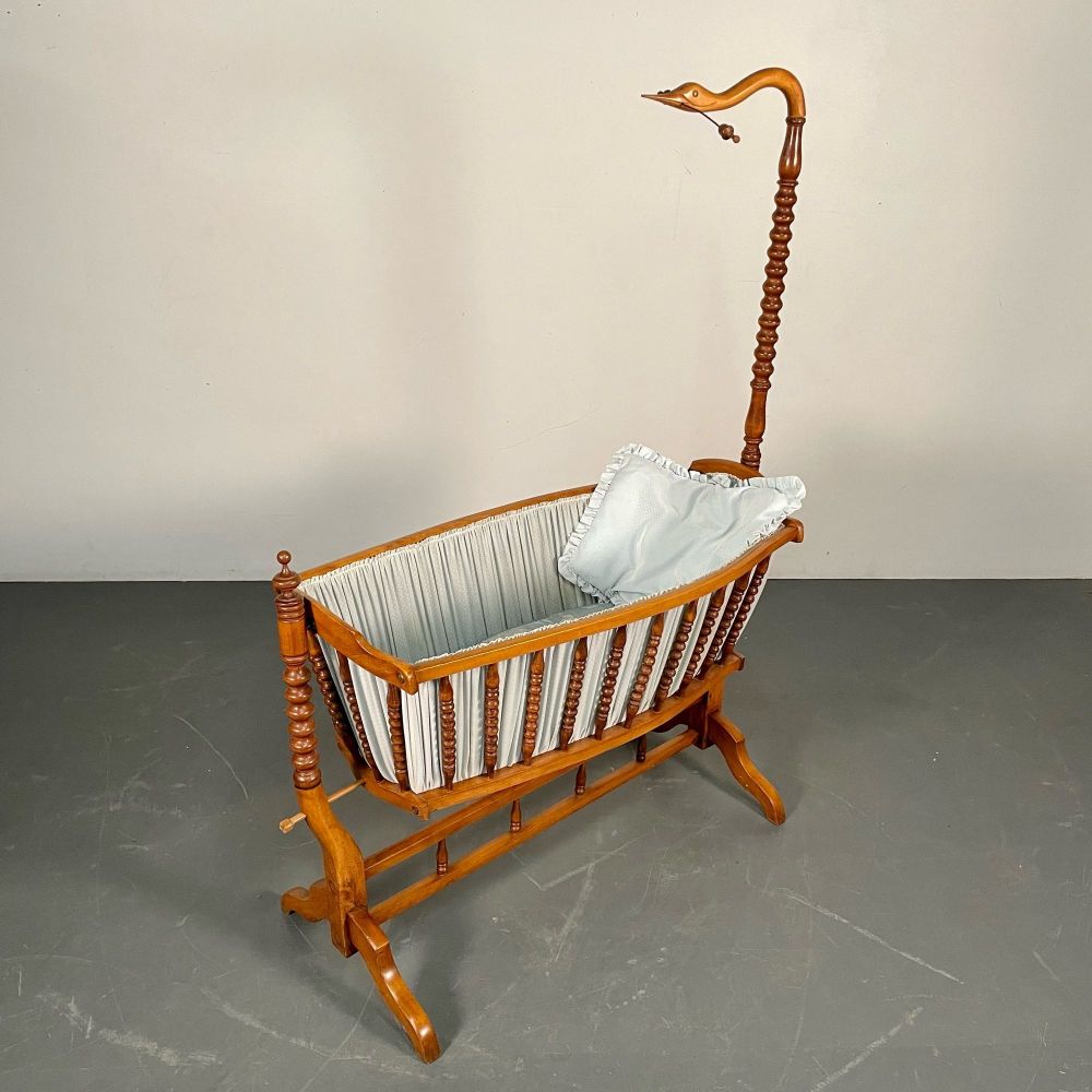 French Spindled 19th Century Walnut Decorative Cradle, Swan Motif