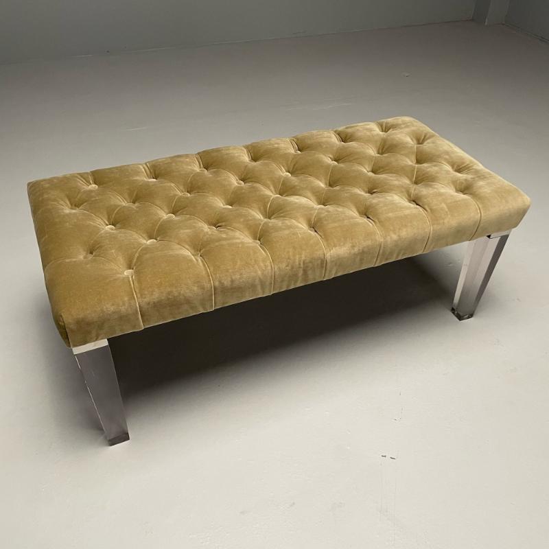 Contemporary, Modern Tufted Window Bench, Chrome, Acrylic, Green Velvet, 2010s