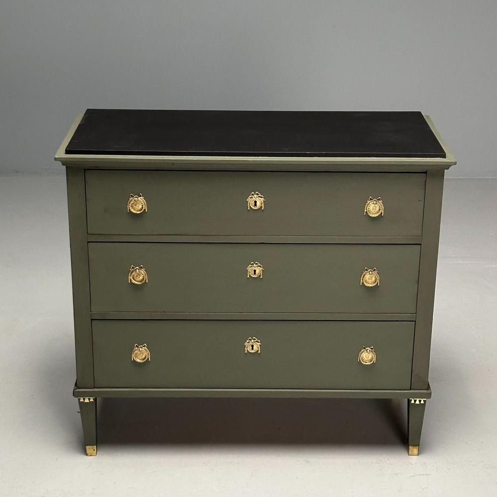 Gustavian, Swedish Commode, Green Paint, Pinewood, Brass, Sweden, 1970s