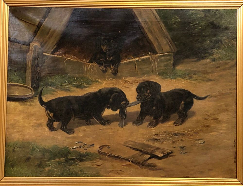 Oil on Canvas "Dachshund Puppies at Play" by Simon Ludvig Ditlev Simonsen