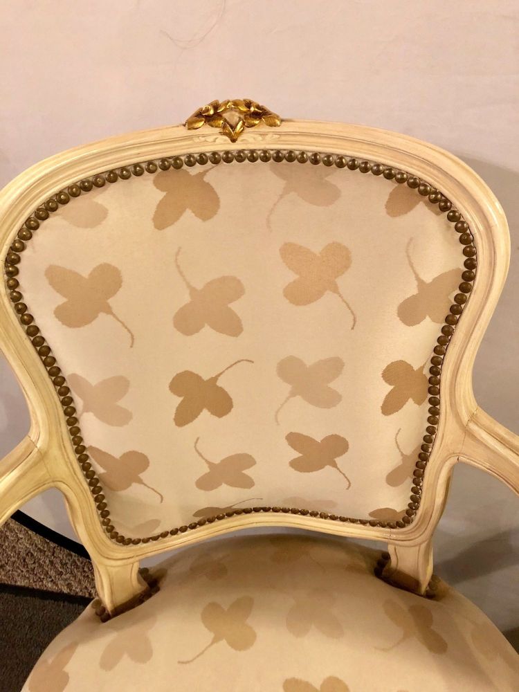 Pair of French Louis XV Style Parcel-Gilt and Paint Decorated Bergere Chairs