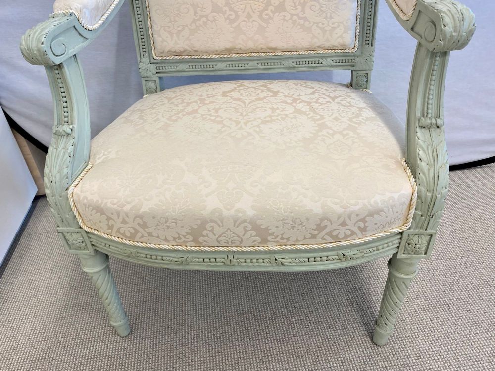 Pair of Louis XVI Style Throne or Arm Chairs, Paint Decorated Frames