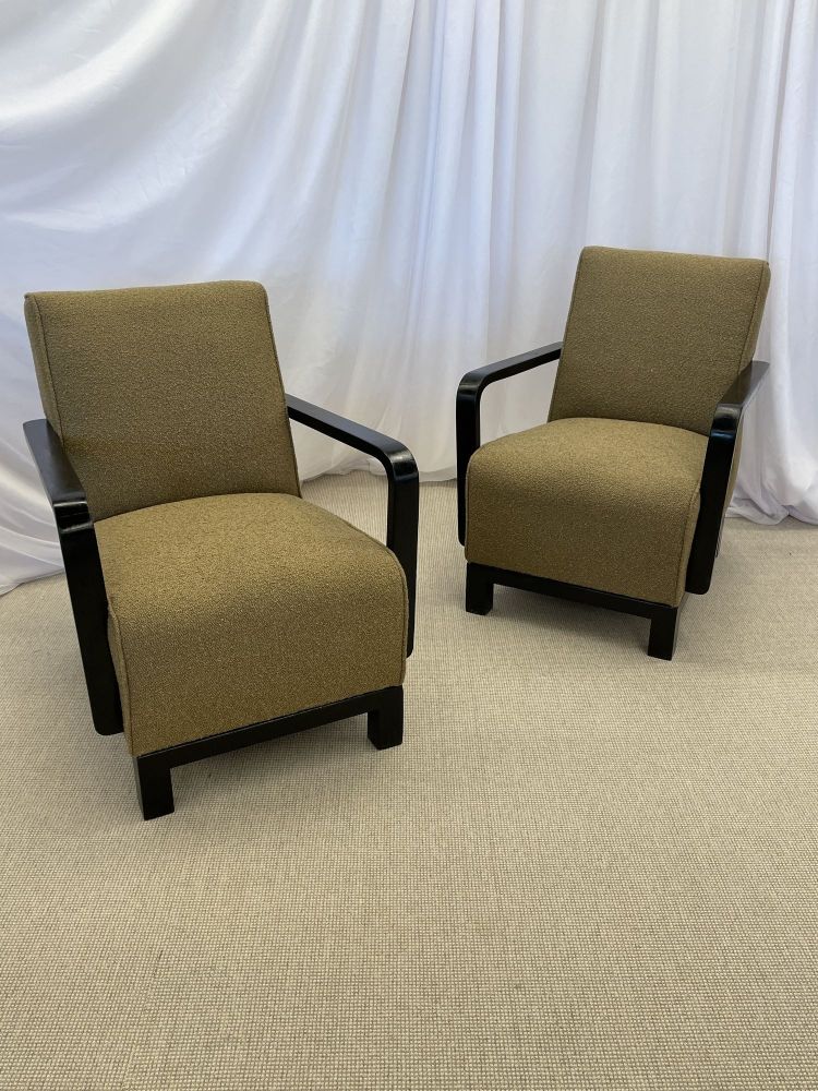 Pair of Vintage Art Deco Lounge / Arm Chairs, Ebony Wood, Boucle, Sweden, 1940s