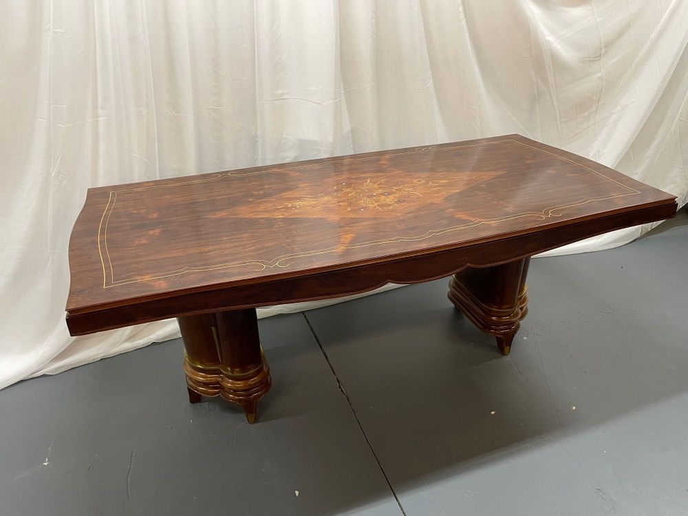 French Art Deco Dining Table by Jules Leleu, Refinished, Double Pedestal