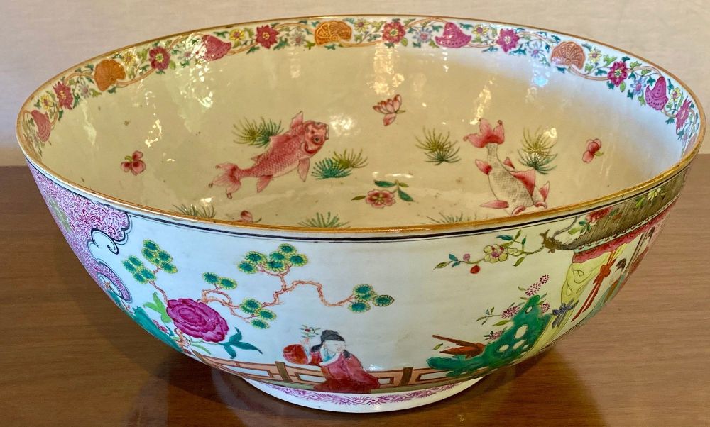 19th Century Famille Rose Chinese Export Punch, Koi Decorated