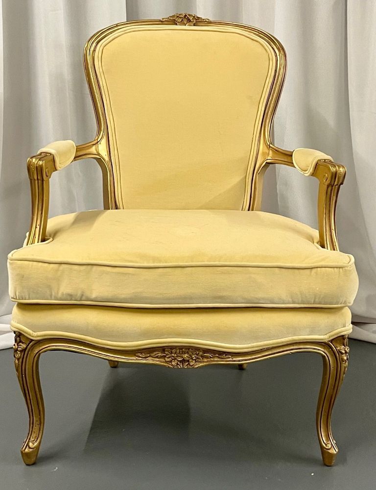 French Louis XVI Jansen Style Bergere, Arm / Accent Chair, Velvet, Giltwood