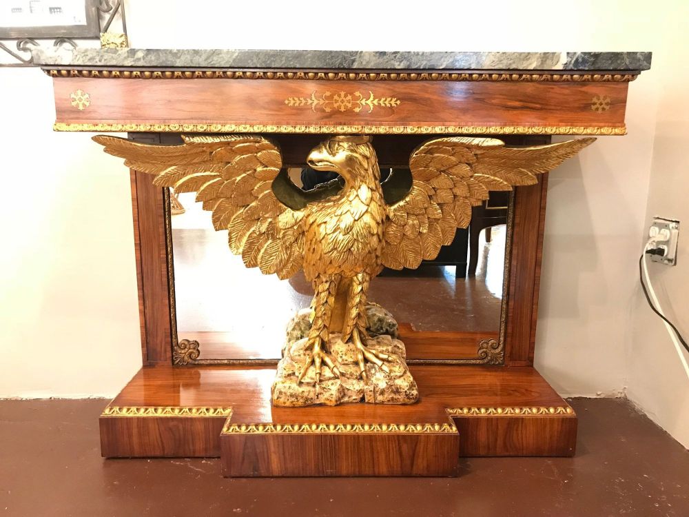 Pair 19th Century Federal Eagle Carved Console Tables, Marble Tops, Solid Wood