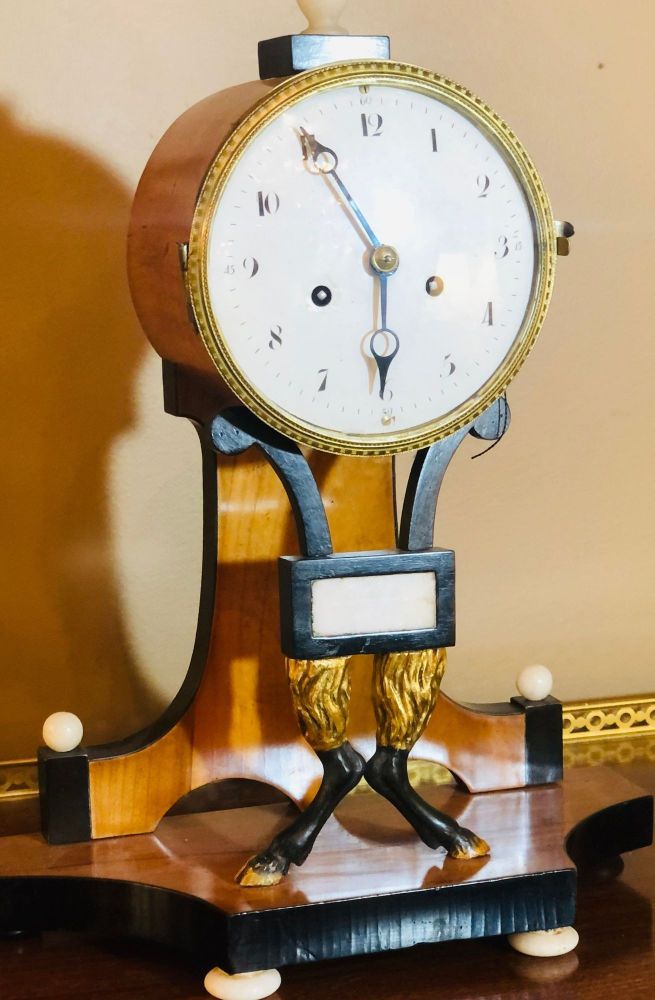 Biedermeier Mantle Clock with Ebonized Details and Hoof Legs Silk Suspension