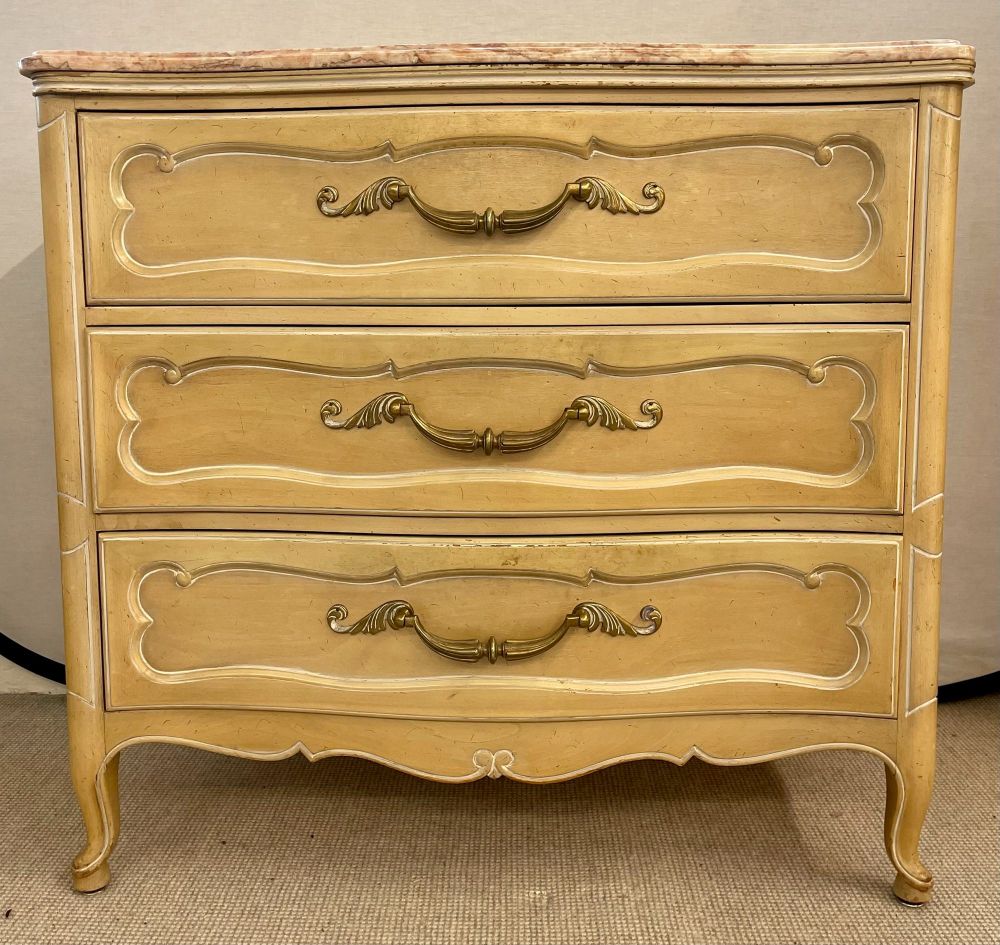 Pair Of Louis XV Style Grosfeld House Marble-Top Distressed Four-Drawer Commodes