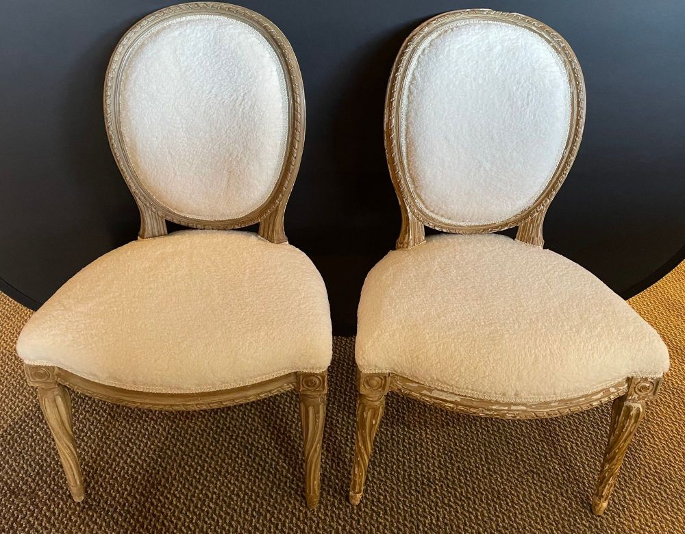 Pair of Jansen Distressed Sherpa Upholstered Side Chairs