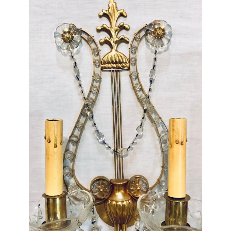 Pair of Bagues Louis XVI Style Lyre Back Crystal and Brass 2 Light Wall Sconces