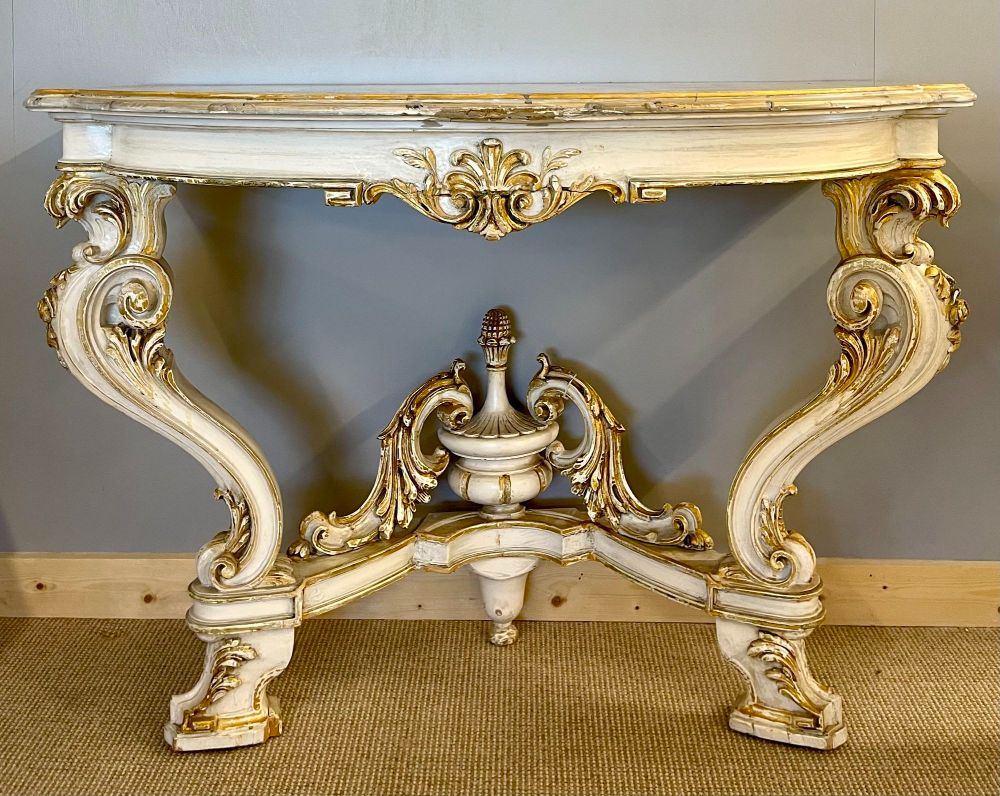 Pair of Italian Parcel Paint and Gilt Decorated Faux Marble-Top Console Tables