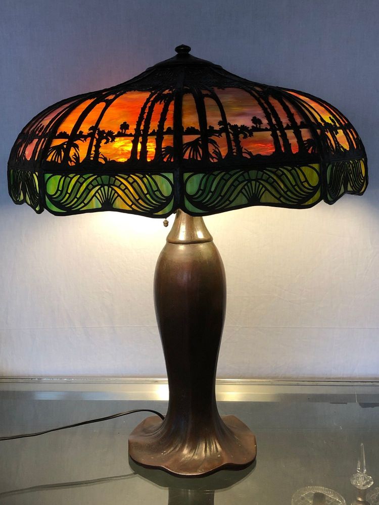 Arts & Crafts Handel Palm Tree Table Lamp Signed on Base and Shade