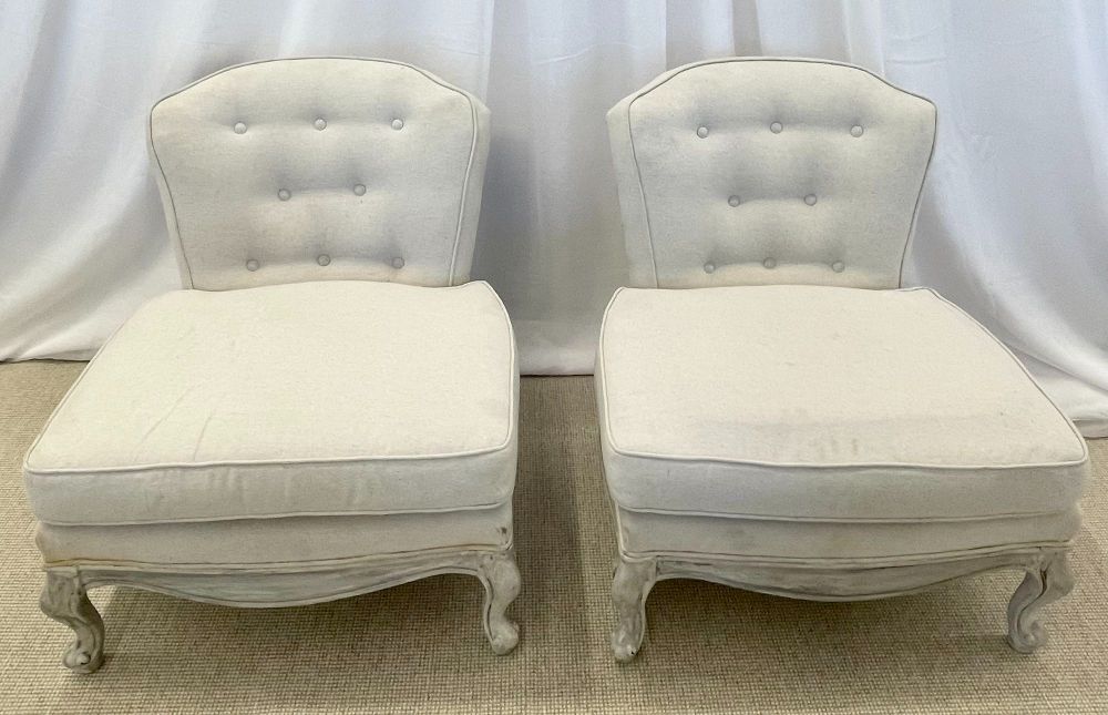 Pair Gustavian Style Slipper Chairs, Swedish Style Paint Decorated, Distressed, Linen