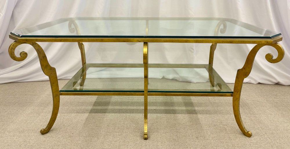 Neoclassical Style Large Gilt Metal Frame Coffee Table, Glass Top, French