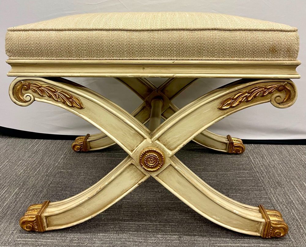 Pair of Maison Jansen Style X-Form Benches or Footstools Ivory And Parcel Gilt