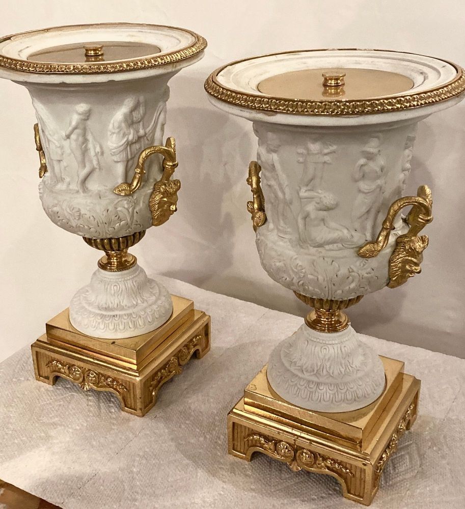 Neoclassical Sevres Parian and Doré Bronze Mounted Urns or Vases 1920s a Pair