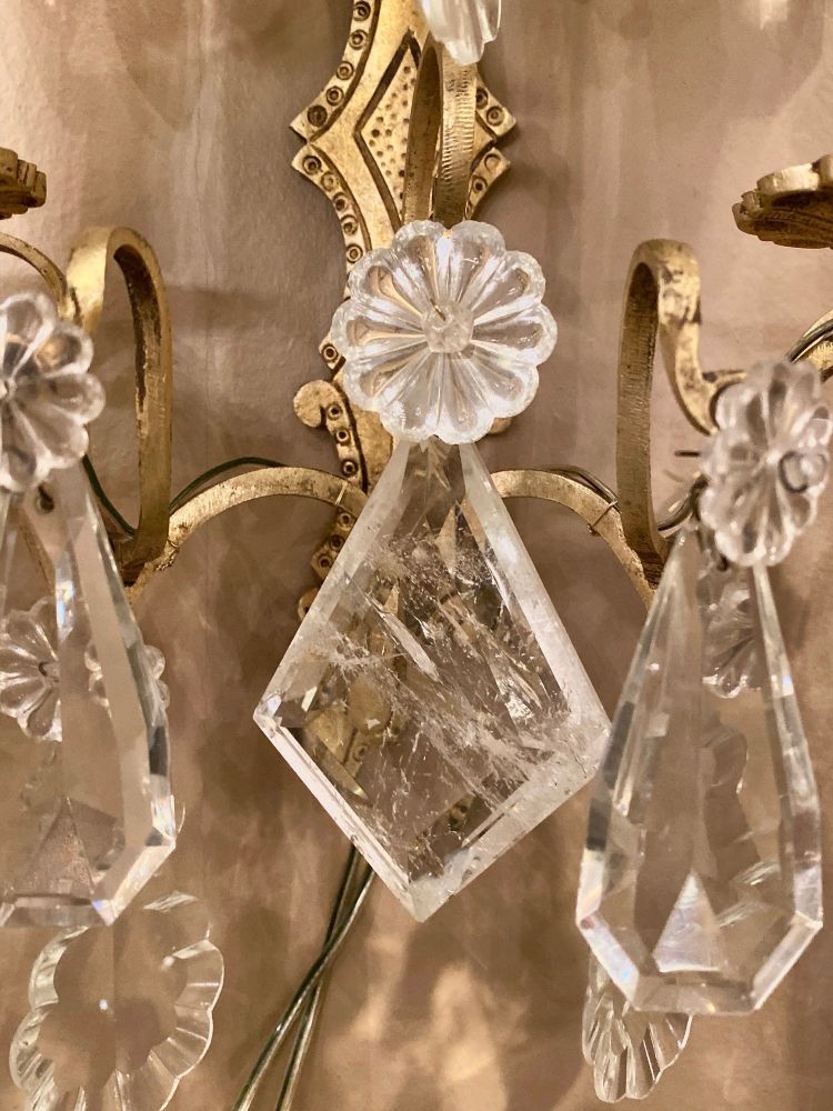 Pair of Two-Light Covered Mixed Crystal and Rock Crystal Bronze Wall Sconces