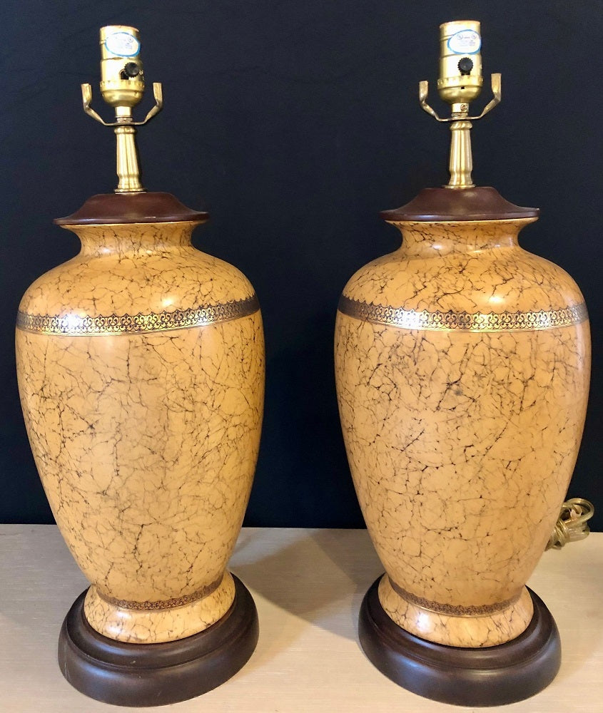 Pair of Ceramic Lamps with Gold Trim and Crackle Finish Wooden Base Bottom