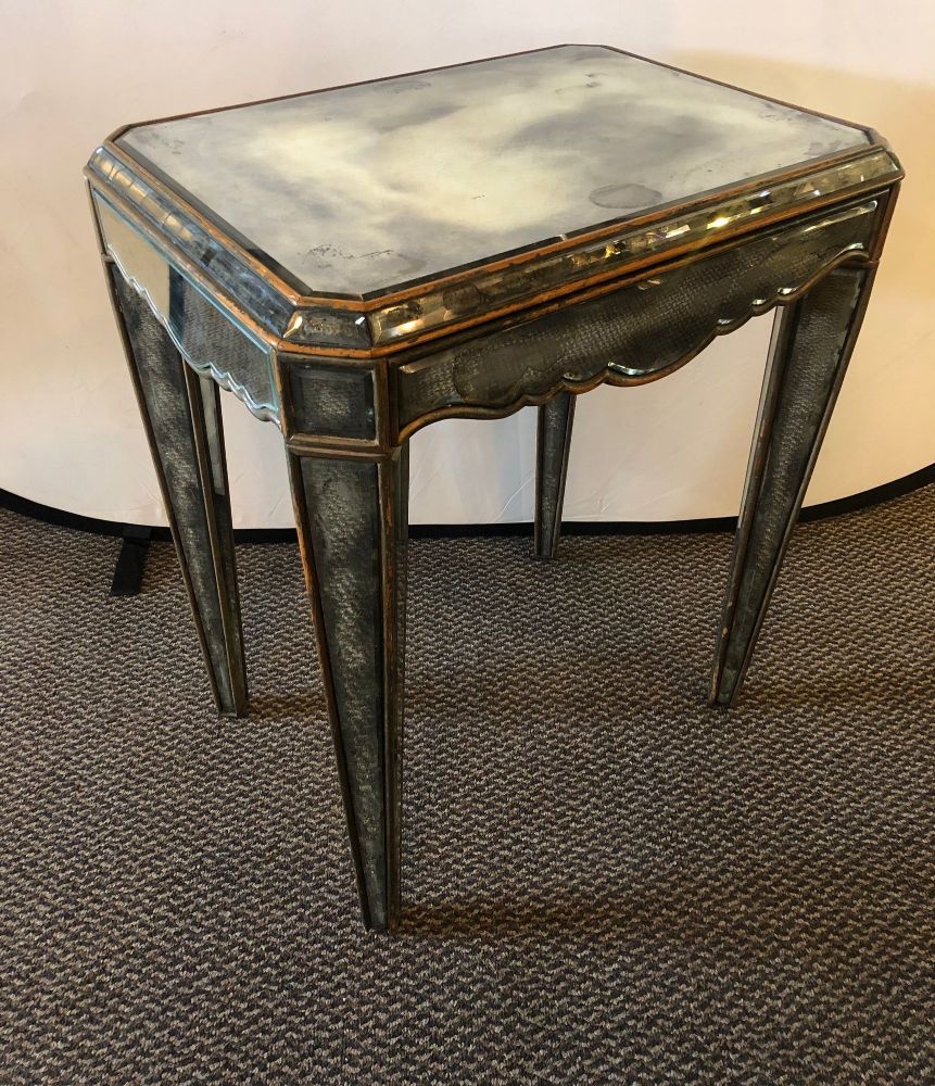 Hollywood Regency Distressed Beveled Mirror Single Draw End, Side Table or Desk