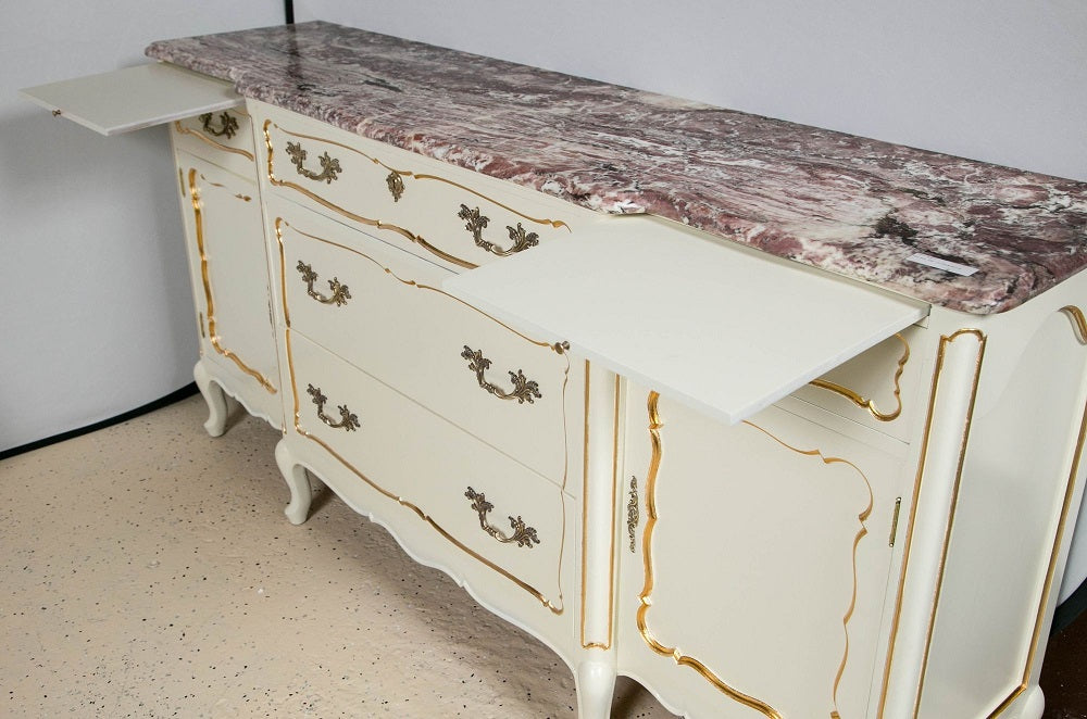 Custom Quality White Marble-Top Paint Decorated and Giltwood Sideboard Dresser