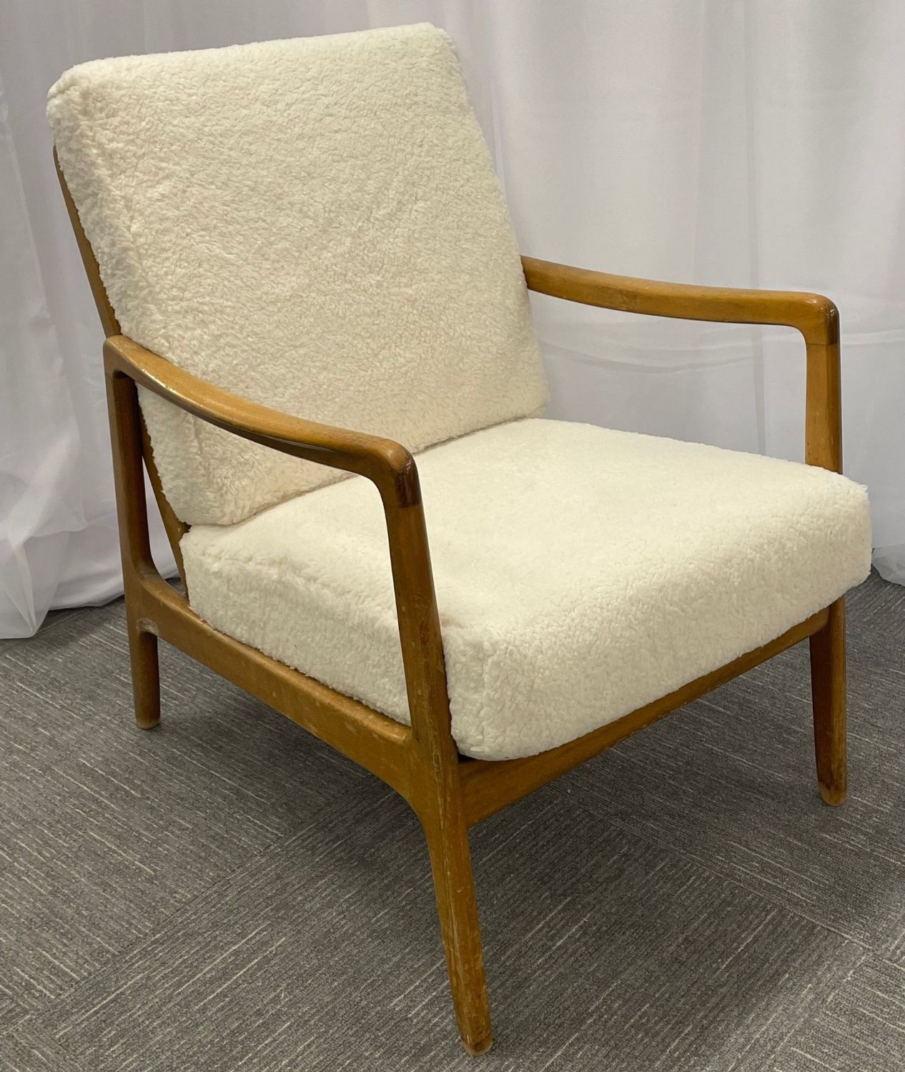 France and Daverkosen Teak Armchairs, Mid-Century Modern in Sherpa Style Fabric