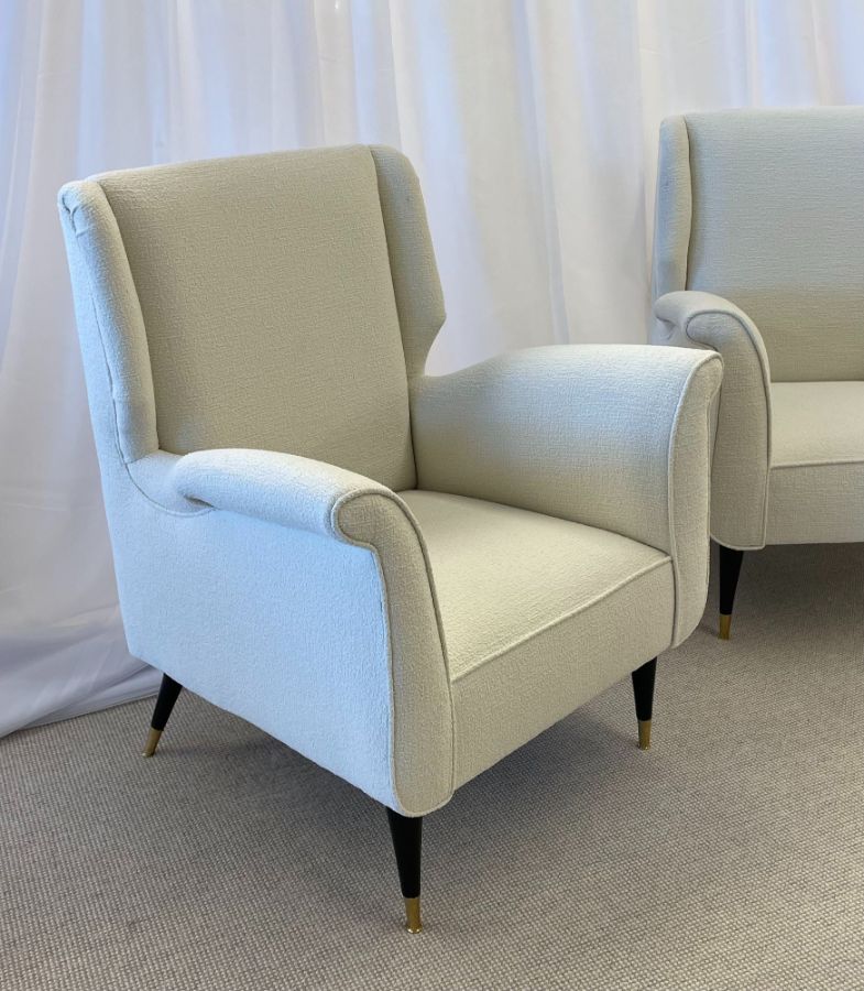 Mid-Century Modern Gio Ponti Style Armchairs, Wingback Chairs, Pair in Kravet Bouclé