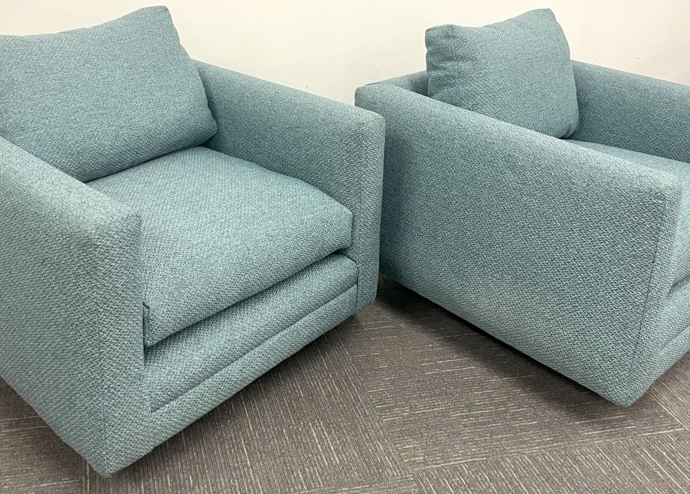 Pair Teal Milo Baughman Style Mid Century Modern Lounge Chairs, Swivel, Square