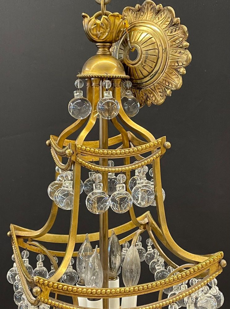 Bronze and Crystal Pagoda Form Diminutive Chandelier