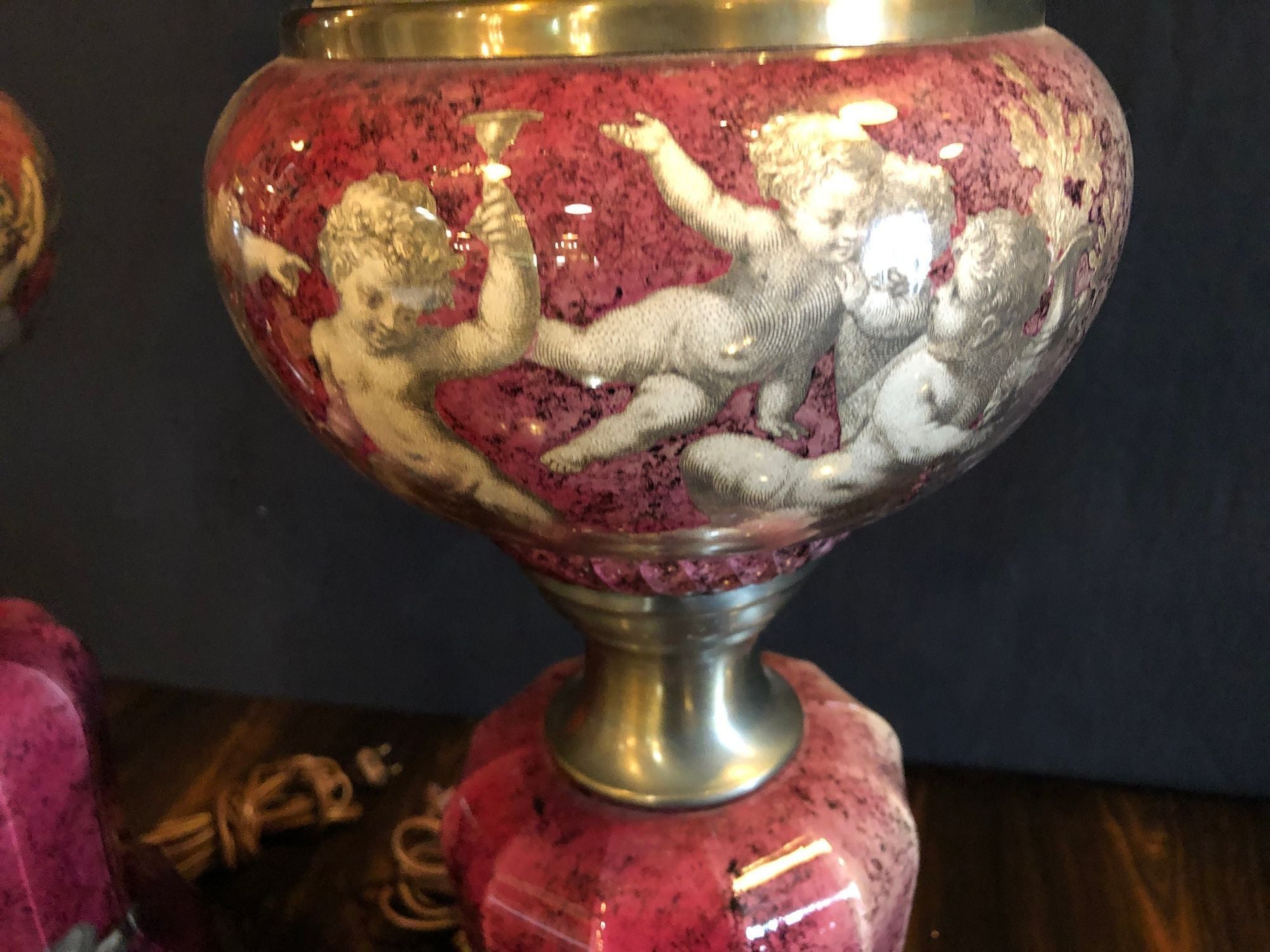 Pair of Neoclassical Cranberry Glass Decoupage Cherub Decorated Table Lamps