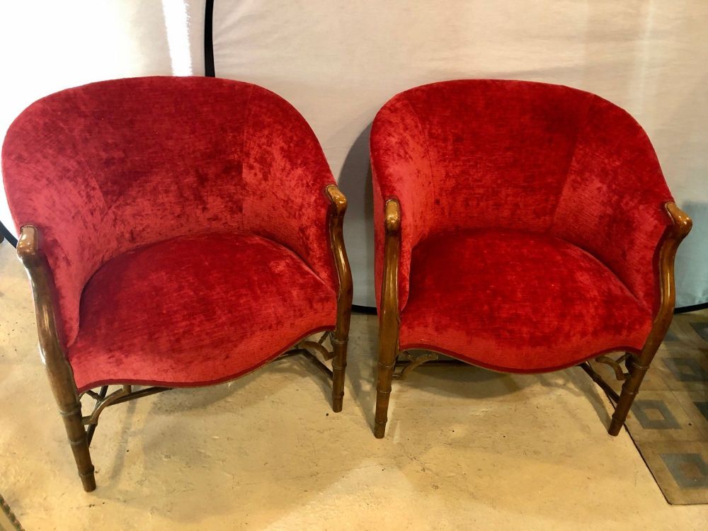 Pair of Bamboo Legged Cherry Red Velour 19th-20th Century Barrel Back Chairs