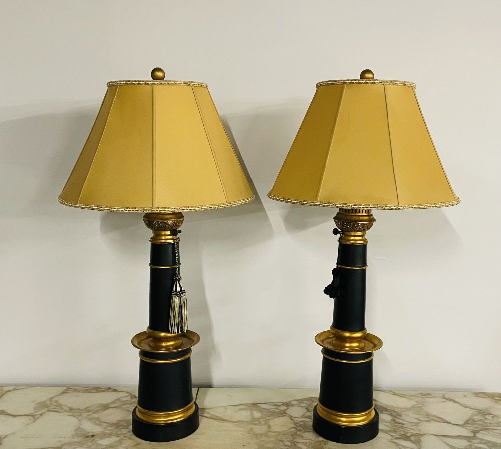 Pair of Hollywood Regency Style Table Lamps with Custom Shades, Ebony and Gilt