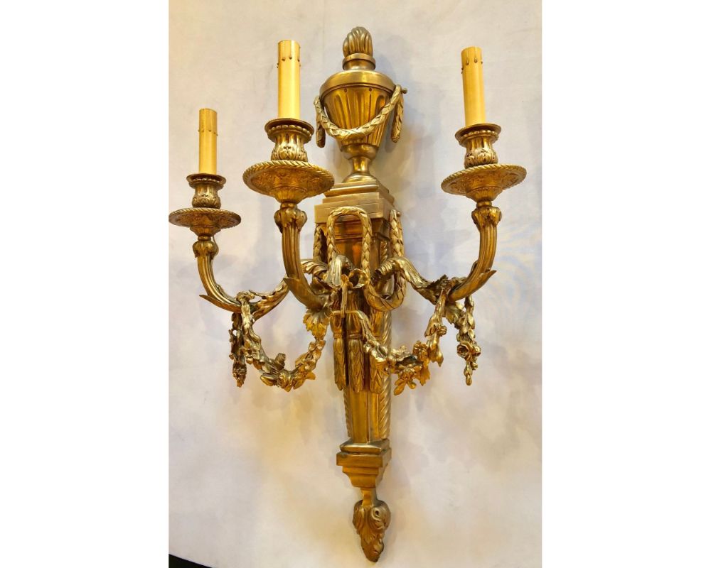 Pair of French Louis XVI Style Dore Bronze Sconces with Foundry Name