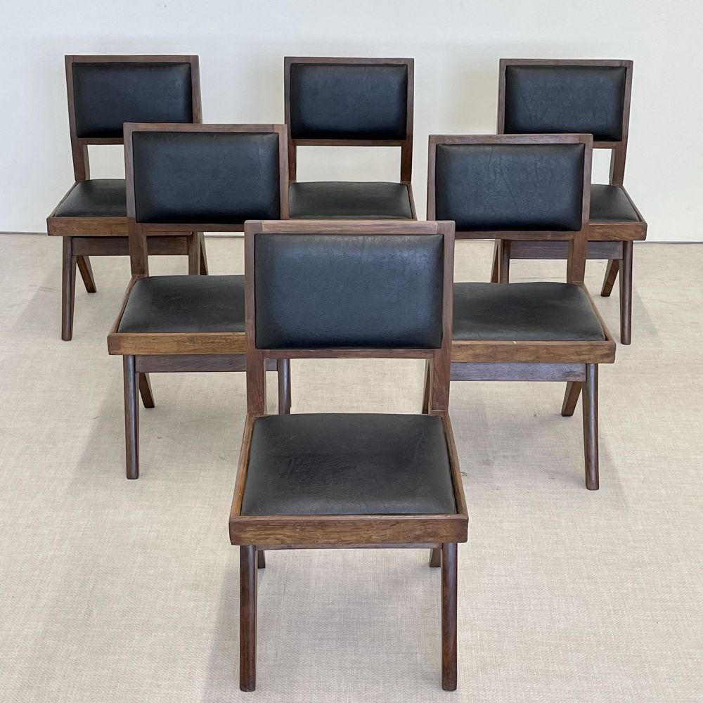 Pierre Jeanneret, French Mid-Century Modern, Six Armless Dining Chairs, Chandigarh