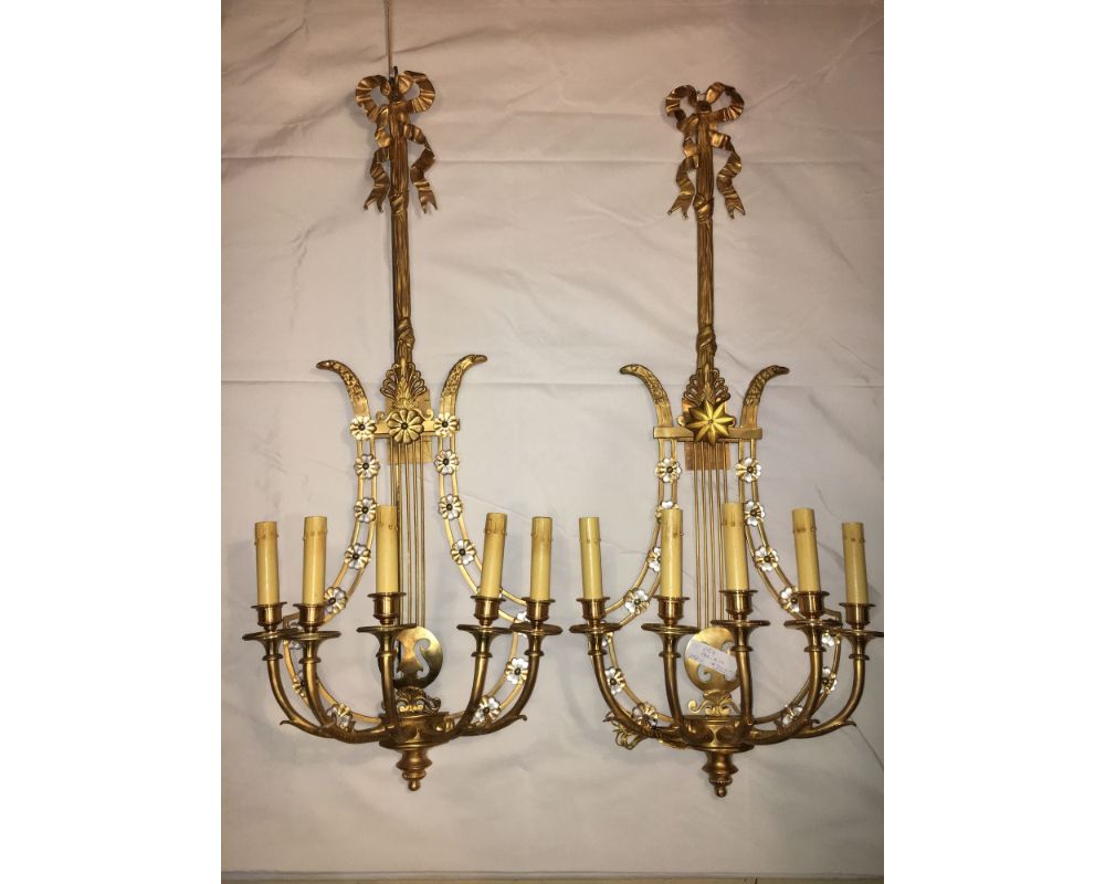 Louis XVI Style Harp Back Bronze Wall Sconces - A Pair