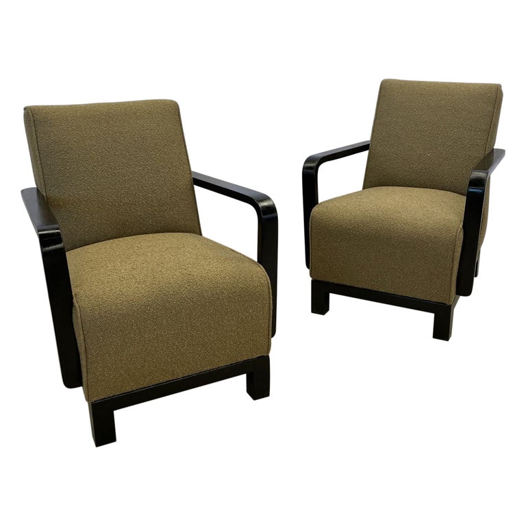 Pair of Vintage Art Deco Lounge / Arm Chairs, Ebony Wood, Boucle, Sweden, 1940s