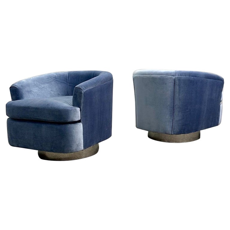 Mid-Century Modern Milo Baughman Style Swivel Chairs, Chrome Base, Blue Velvet