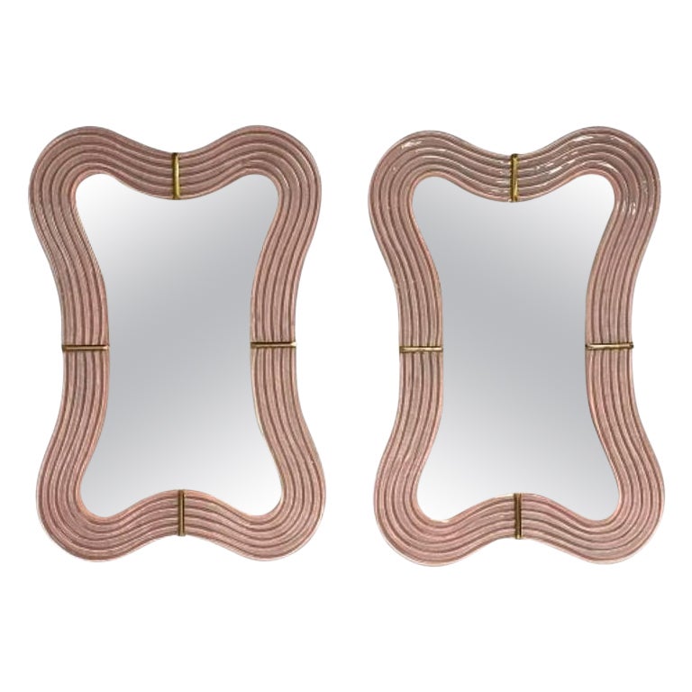 Contemporary, Wavy Wall Mirrors, Pink Murano Glass, Brass, Italy, 2023