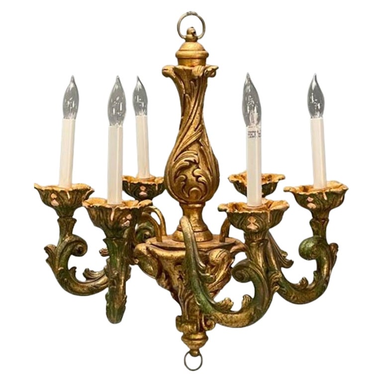 Rococo, Baroque, Italian Six Light Chandelier, Parcel Paint, Gilt, Italy, 1970s